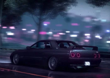 Nissan Skyline R32 Rainy Night Live Wallpaper 8 Dark Nissan Skyline GT-R R32 driving along a wet city road at night with glowing circular taillights, a rear spoiler, blurred pink and purple neon lights, and rainy reflections in a 4K live wallpaper.