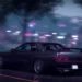 Nissan Skyline R32 Rainy Night Live Wallpaper 10 Dark Nissan Skyline GT-R R32 driving along a wet city road at night with glowing circular taillights, a rear spoiler, blurred pink and purple neon lights, and rainy reflections in a 4K live wallpaper.