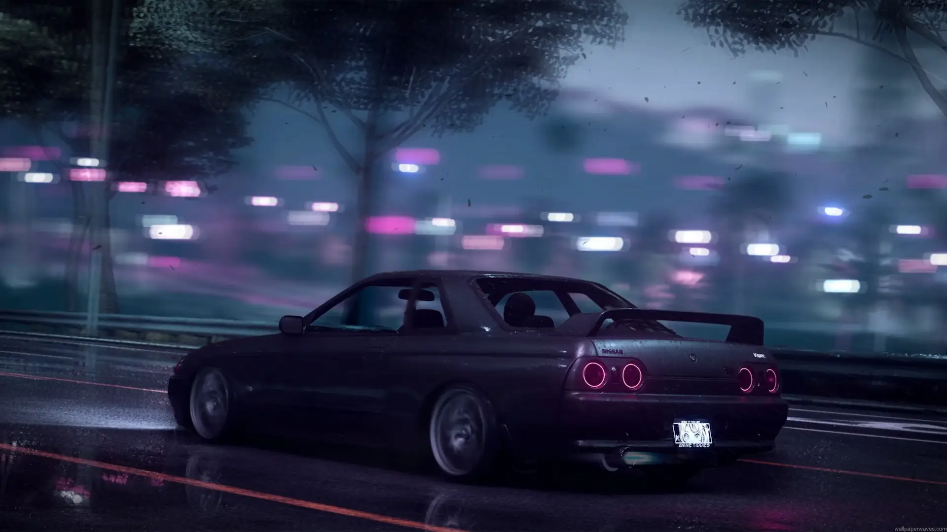 Dark Nissan Skyline GT-R R32 driving along a wet city road at night with glowing circular taillights, a rear spoiler, blurred pink and purple neon lights, and rainy reflections in a 4K live wallpaper.
