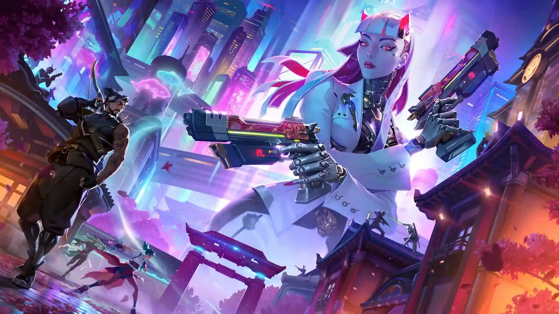 Overwatch futuristic heroes with dual pistols in a neon cyberpunk city featuring glowing skyscrapers and Japanese architecture live wallpaper