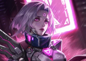 PROJECT Fiora League of Legends Live Wallpaper 2 PROJECT Fiora from League of Legends with silver-white hair, glowing pink eyes, futuristic cybernetic armor, and vibrant magenta neon lights in a 4K live wallpaper.