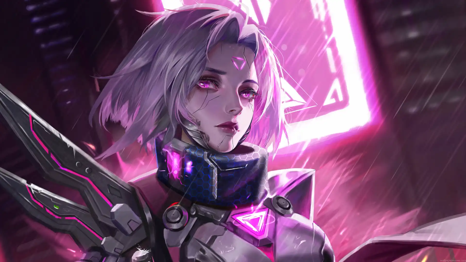 PROJECT Fiora from League of Legends with silver-white hair, glowing pink eyes, futuristic cybernetic armor, and vibrant magenta neon lights in a 4K live wallpaper.