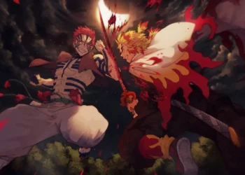 Rengoku vs Akaza Demon Slayer Live Wallpaper 4 Kyojuro Rengoku fighting Akaza in Demon Slayer with a fiery Nichirin sword, glowing red sparks, and dramatic combat beneath a dark stormy sky in an anime live wallpaper.