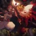 Rengoku vs Akaza Demon Slayer Live Wallpaper 10 Kyojuro Rengoku fighting Akaza in Demon Slayer with a fiery Nichirin sword, glowing red sparks, and dramatic combat beneath a dark stormy sky in an anime live wallpaper.