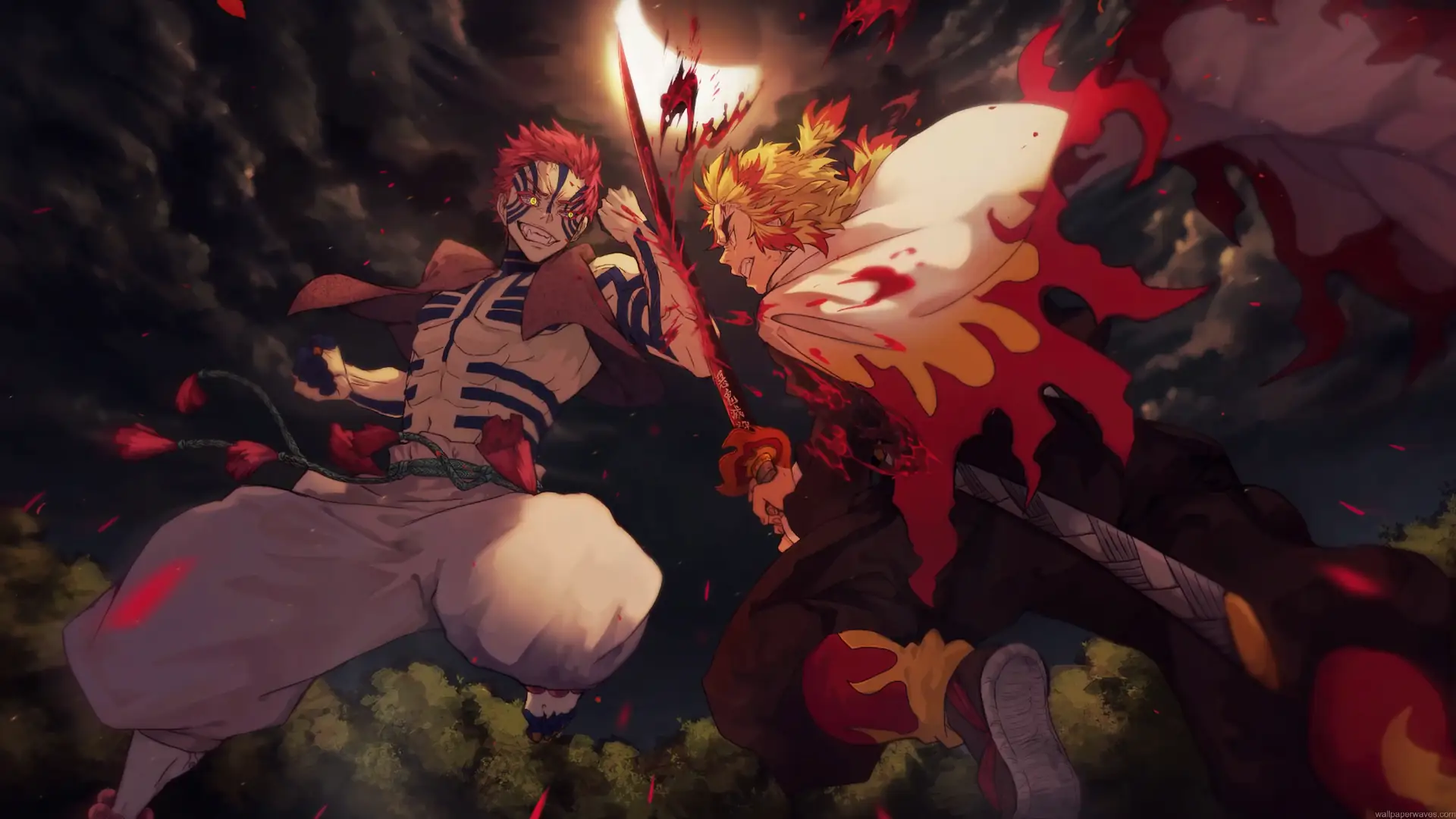 Kyojuro Rengoku fighting Akaza in Demon Slayer with a fiery Nichirin sword, glowing red sparks, and dramatic combat beneath a dark stormy sky in an anime live wallpaper.
