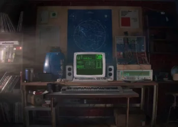 Retro Computer Setup Dark Room Live Wallpaper 1 Vintage CRT computer displaying green terminal graphics in a dark retro workspace filled with electronic equipment, vinyl records, and warm sunlight streaming through a window in a live wallpaper.