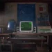 Retro Computer Setup Dark Room Live Wallpaper 10 Vintage CRT computer displaying green terminal graphics in a dark retro workspace filled with electronic equipment, vinyl records, and warm sunlight streaming through a window in a live wallpaper.