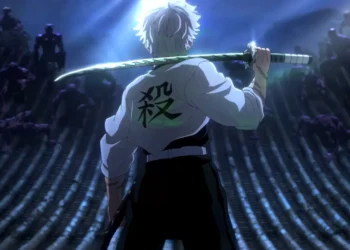 Sanemi Shinazugawa Facing Demons Live Wallpaper 9 Sanemi Shinazugawa from Demon Slayer standing on a dark rooftop with his Nichirin sword resting across his shoulder while facing an army of shadowy demons beneath dramatic blue moonlight in an anime live wallpaper.