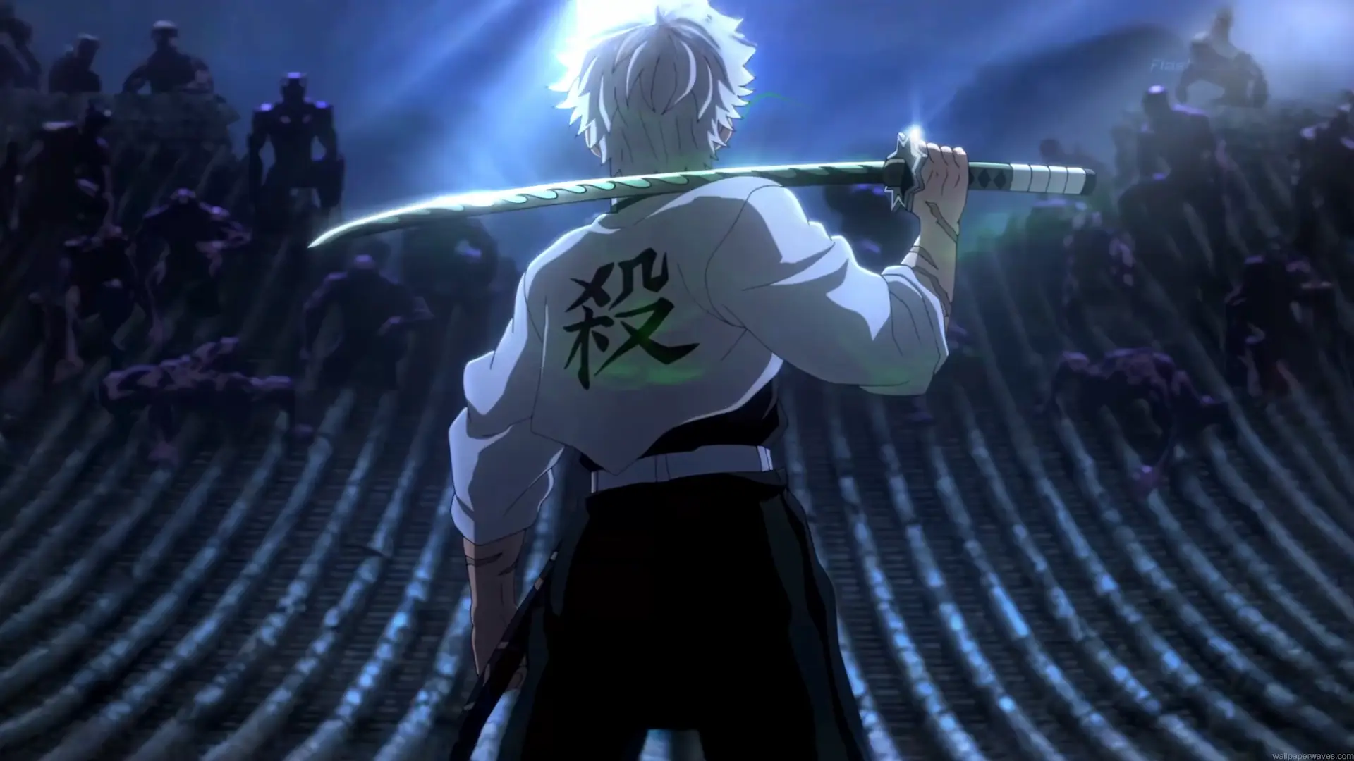 Sanemi Shinazugawa from Demon Slayer standing on a dark rooftop with his Nichirin sword resting across his shoulder while facing an army of shadowy demons beneath dramatic blue moonlight in an anime live wallpaper.