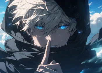 Satoru Gojo from Jujutsu Kaisen wearing a dark hood and scarf with glowing blue eyes, holding a finger near his lips against a bright cloudy sky live wallpaper.