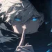Satoru Gojo Blue Eyes Hooded Live Wallpaper 10 Satoru Gojo from Jujutsu Kaisen wearing a dark hood and scarf with glowing blue eyes, holding a finger near his lips against a bright cloudy sky live wallpaper.