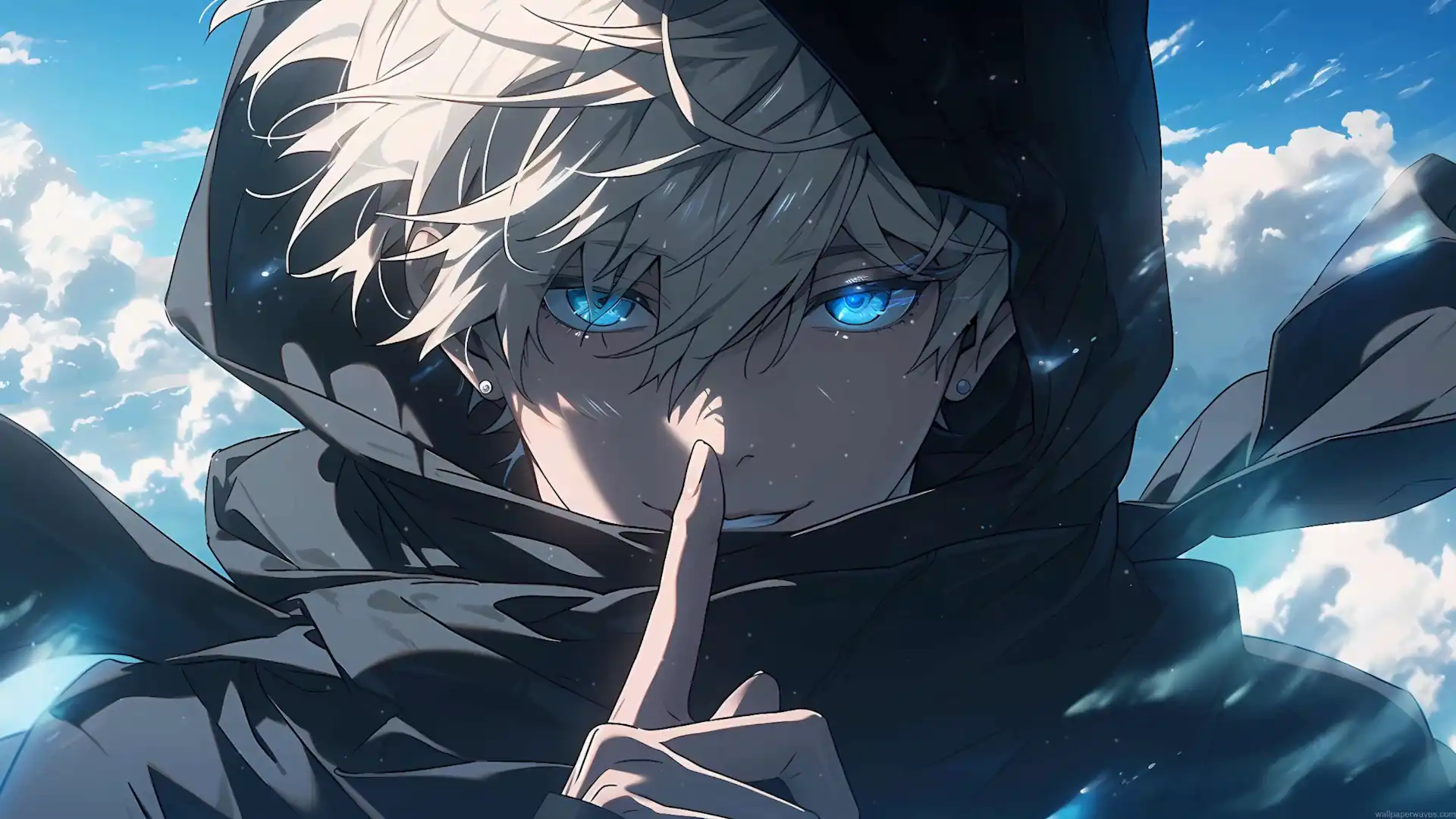 Satoru Gojo from Jujutsu Kaisen wearing a dark hood and scarf with glowing blue eyes, holding a finger near his lips against a bright cloudy sky live wallpaper.