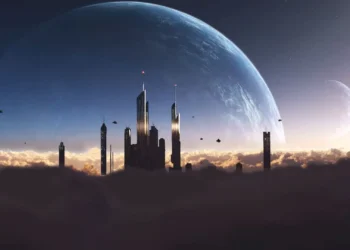 Sci-Fi City Skyline Above Clouds Live Wallpaper 1 Futuristic sci-fi city skyline with towering skyscrapers rising above golden clouds, a massive blue planet, distant moon, and small flying spacecraft under a glowing cosmic sky in a cinematic live wallpaper
