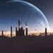 Futuristic sci-fi city skyline with towering skyscrapers rising above golden clouds, a massive blue planet, distant moon, and small flying spacecraft under a glowing cosmic sky in a cinematic live wallpaper