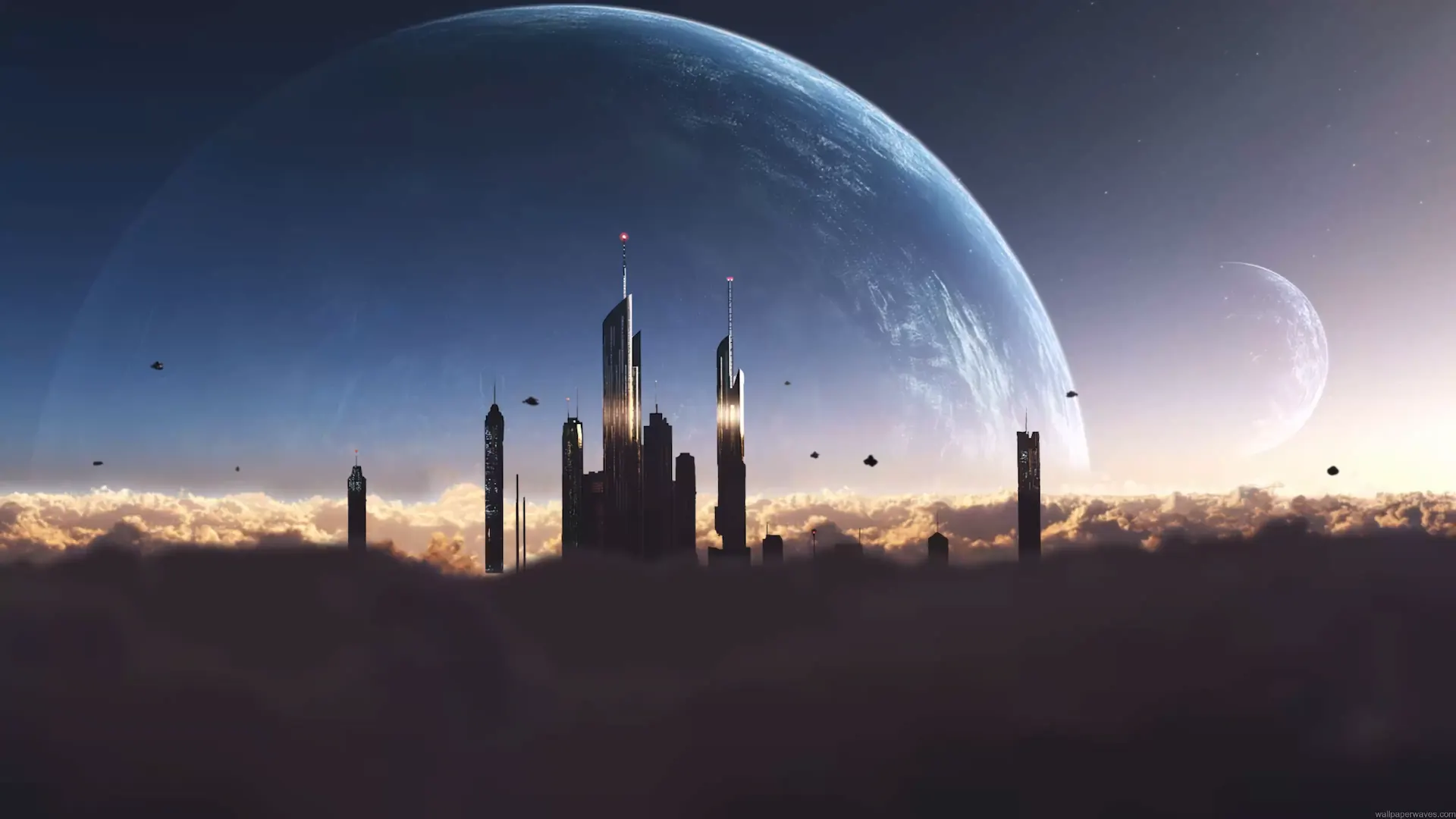 Futuristic sci-fi city skyline with towering skyscrapers rising above golden clouds, a massive blue planet, distant moon, and small flying spacecraft under a glowing cosmic sky in a cinematic live wallpaper