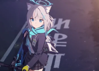 Shiroko Sunaookami Blue Archive Live Wallpaper 4 Shiroko Sunaookami from Blue Archive standing beside her bicycle on a sunlit road, featuring silver-gray hair, blue eyes, wolf ears, a glowing cyan halo, turquoise scarf, dark school uniform, yellow cycling gloves, and a tactical rifle live wallpaper