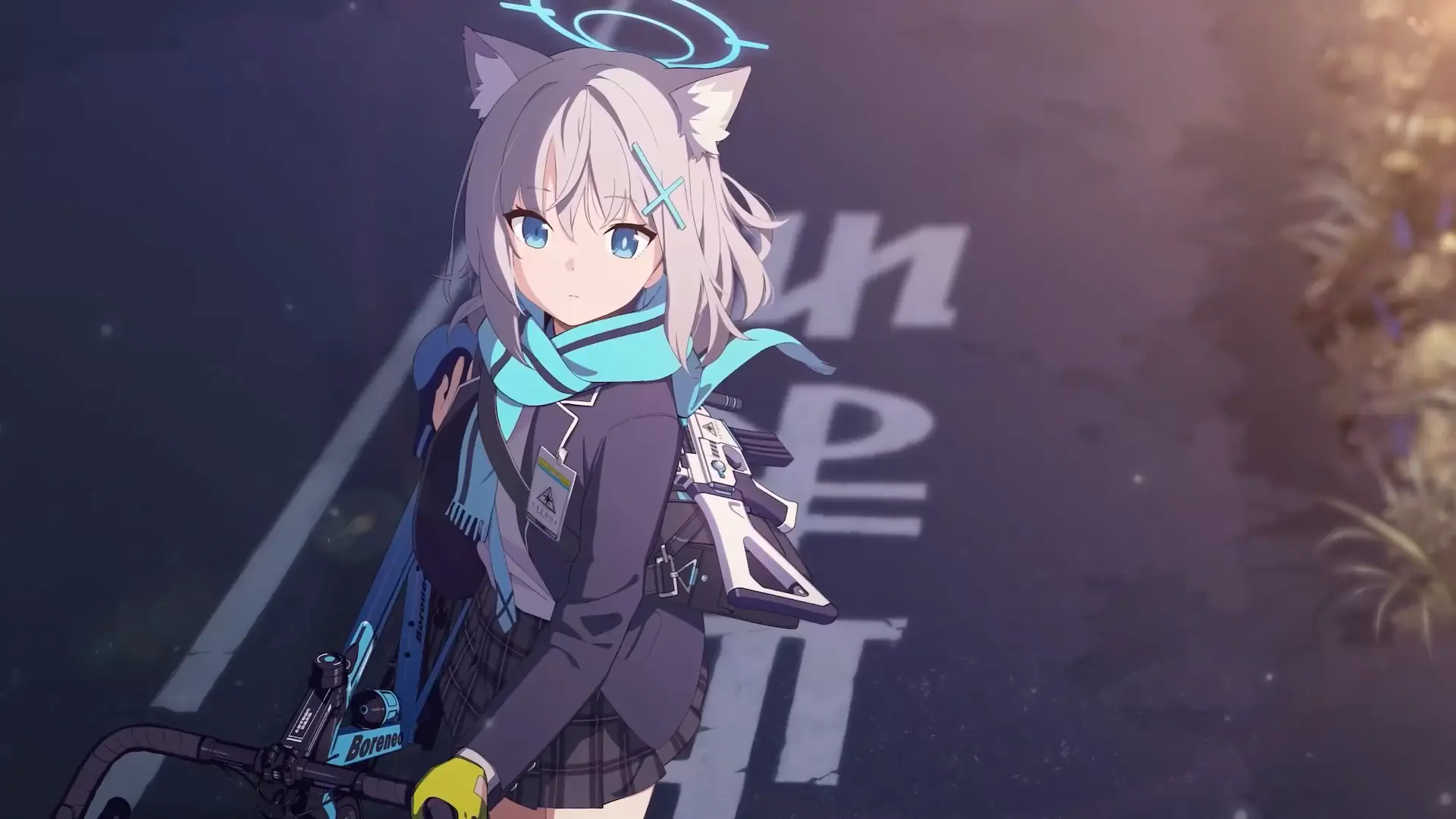 Shiroko Sunaookami from Blue Archive standing beside her bicycle on a sunlit road, featuring silver-gray hair, blue eyes, wolf ears, a glowing cyan halo, turquoise scarf, dark school uniform, yellow cycling gloves, and a tactical rifle live wallpaper
