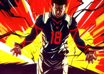 Shoei Baro Blue Lock Red Aura Live Wallpaper 3 Shoei Baro from Blue Lock wearing his number 18 soccer jersey with an intense expression and outstretched hands, surrounded by explosive red and yellow energy with black lightning effects in an anime live wallpaper.