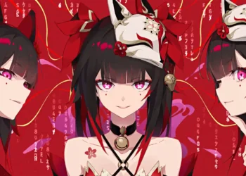 Sparkle Honkai Star Rail Kitsune Mask Live Wallpaper 1 Sparkle from Honkai Star Rail shown in three portraits with glowing pink eyes, black and red hair, and decorative white kitsune masks against a vibrant red anime background in a 4K live wallpaper.