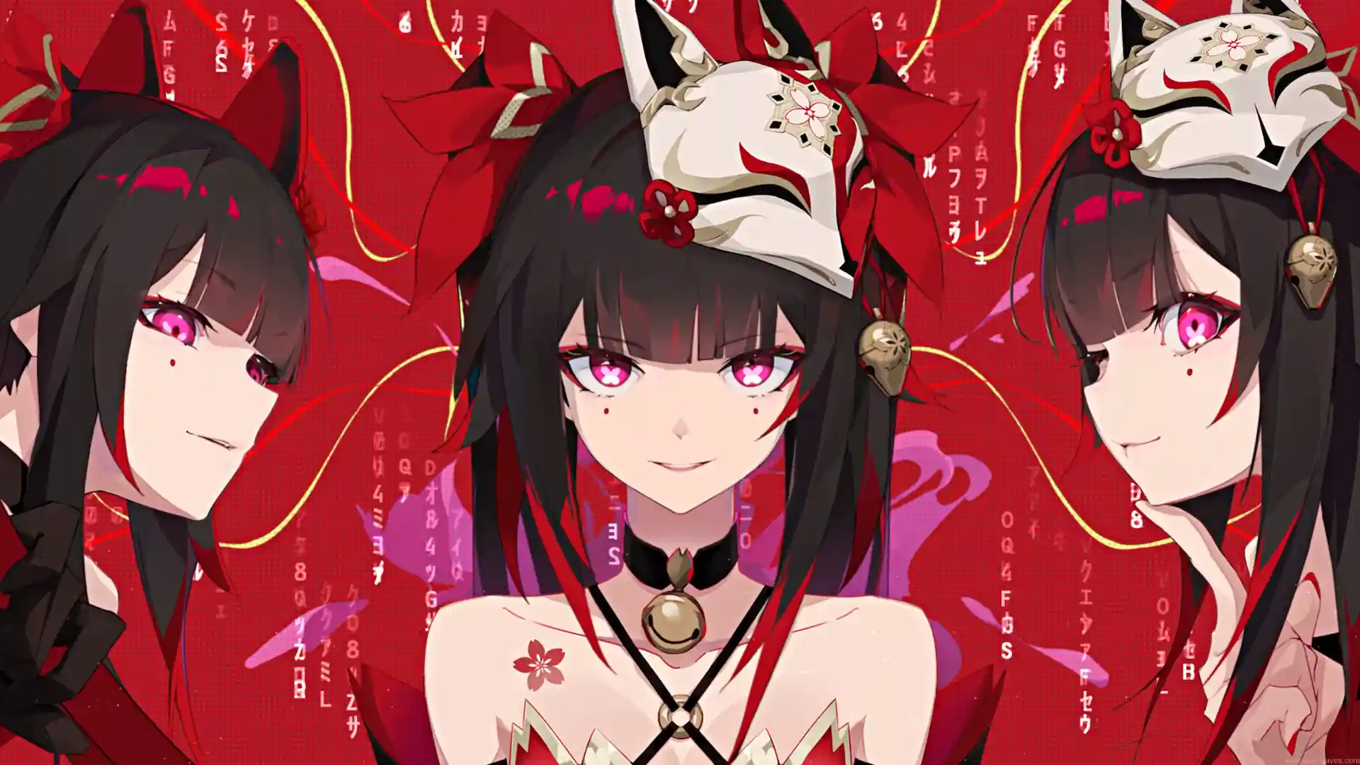 Sparkle from Honkai Star Rail shown in three portraits with glowing pink eyes, black and red hair, and decorative white kitsune masks against a vibrant red anime background in a 4K live wallpaper.