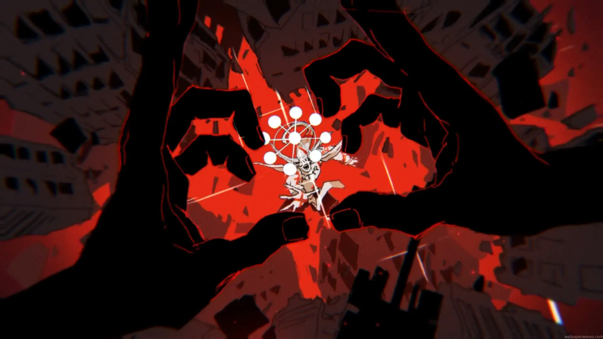 Sukuna vs Mahoraga from Jujutsu Kaisen featuring massive black hand silhouettes framing Mahoraga's eight-handled wheel amid red destruction in a 4K live wallpaper.