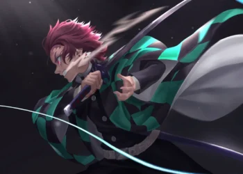Tanjiro Kamado Water Breathing Live Wallpaper 3 Tanjiro Kamado from Demon Slayer wearing his green and black checkered haori while wielding a Nichirin sword with glowing blue Water Breathing effects against a dark background in a 4K live wallpaper.