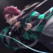 Tanjiro Kamado Water Breathing Live Wallpaper 10 Tanjiro Kamado from Demon Slayer wearing his green and black checkered haori while wielding a Nichirin sword with glowing blue Water Breathing effects against a dark background in a 4K live wallpaper.