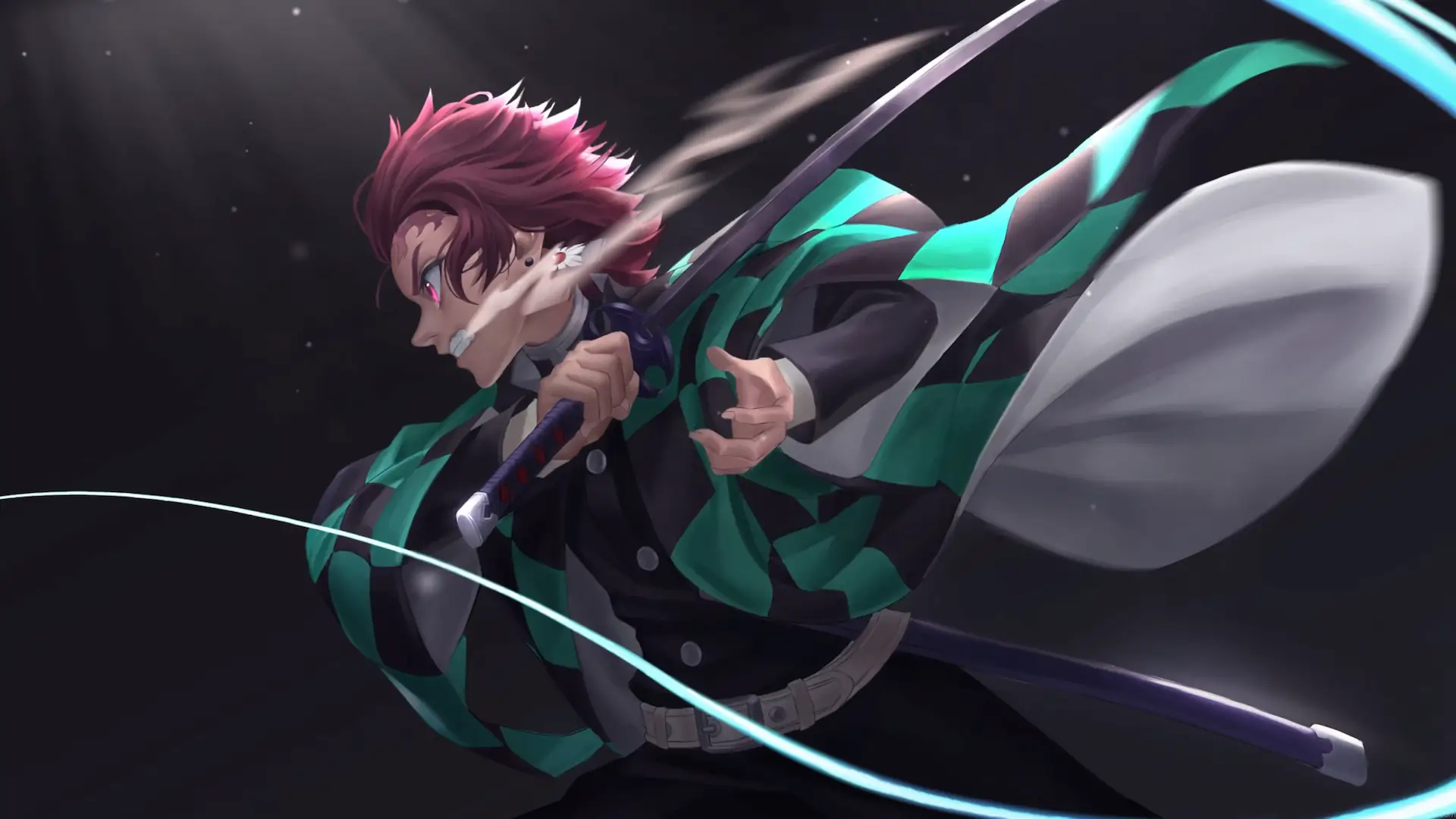 Tanjiro Kamado from Demon Slayer wearing his green and black checkered haori while wielding a Nichirin sword with glowing blue Water Breathing effects against a dark background in a 4K live wallpaper.