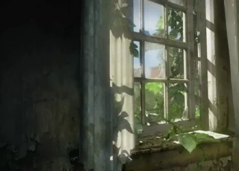 The Last of Us Abandoned Window Live Wallpaper 1 The Last of Us abandoned room with sunlight streaming through an old broken window, green vines, cracked walls, and faded curtains in a post-apocalyptic live wallpaper.