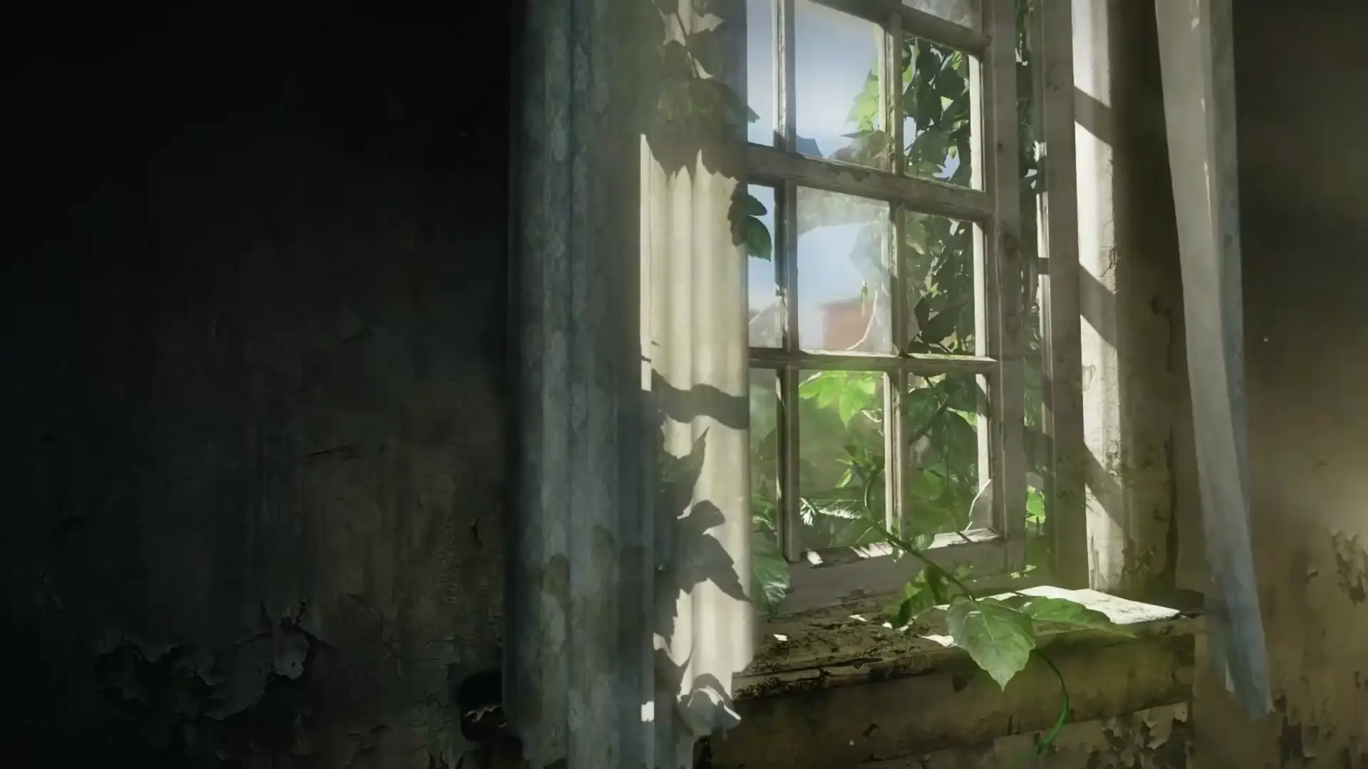 The Last of Us abandoned room with sunlight streaming through an old broken window, green vines, cracked walls, and faded curtains in a post-apocalyptic live wallpaper.