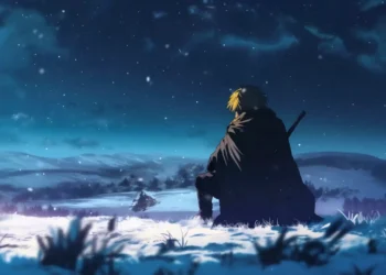 Thorfinn Vinland Saga Snowy Night Live Wallpaper 1 Thorfinn from Vinland Saga sitting alone on a snowy hillside overlooking distant mountains beneath a starry blue night sky with gentle snowfall in an anime live wallpaper.