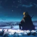 Thorfinn Vinland Saga Snowy Night Live Wallpaper 10 Thorfinn from Vinland Saga sitting alone on a snowy hillside overlooking distant mountains beneath a starry blue night sky with gentle snowfall in an anime live wallpaper.