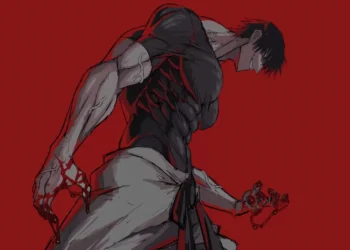 Toji Fushiguro Menacing Pose Live Wallpaper 4 Toji Fushiguro from Jujutsu Kaisen in a menacing pose with a muscular physique, sinister grin, bloodstained hands, and dark clothing against a solid red background in a dramatic manga-style live wallpaper
