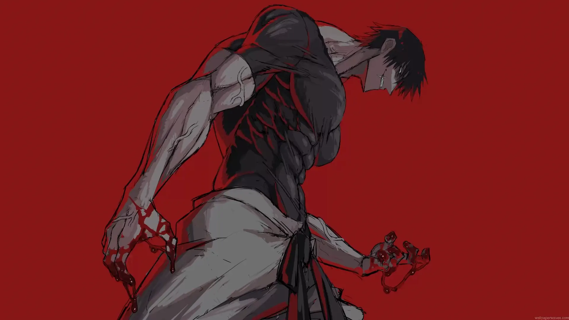 Toji Fushiguro from Jujutsu Kaisen in a menacing pose with a muscular physique, sinister grin, bloodstained hands, and dark clothing against a solid red background in a dramatic manga-style live wallpaper
