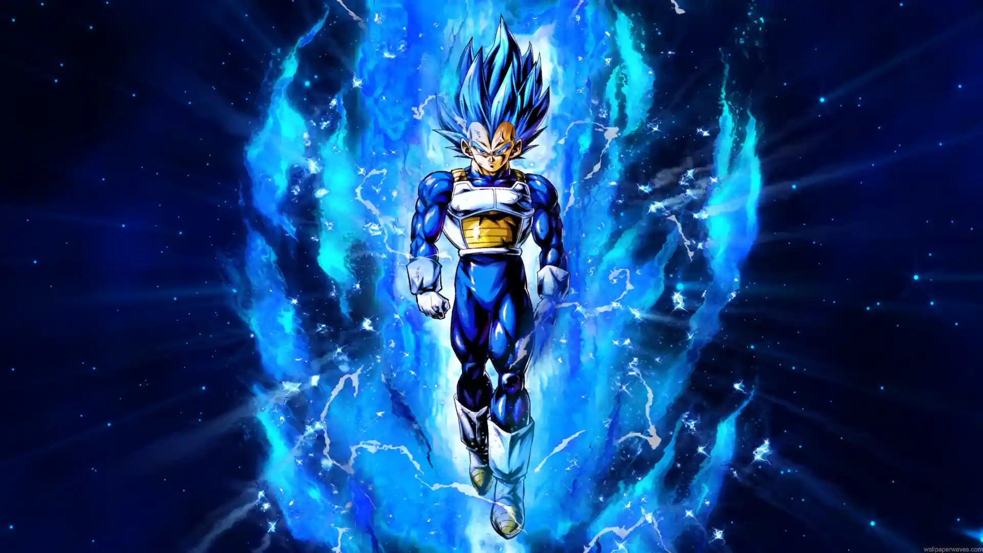 Vegeta SSGSS Super Saiyan Blue surrounded by a massive glowing blue energy aura in Dragon Ball Super live wallpaper