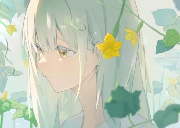 Wakaba Mutsumi from BanG Dream with long pale green hair, golden eyes, and a yellow flower hair accessory, surrounded by green vines and delicate flowers in a soft pastel anime aesthetic live wallpaper