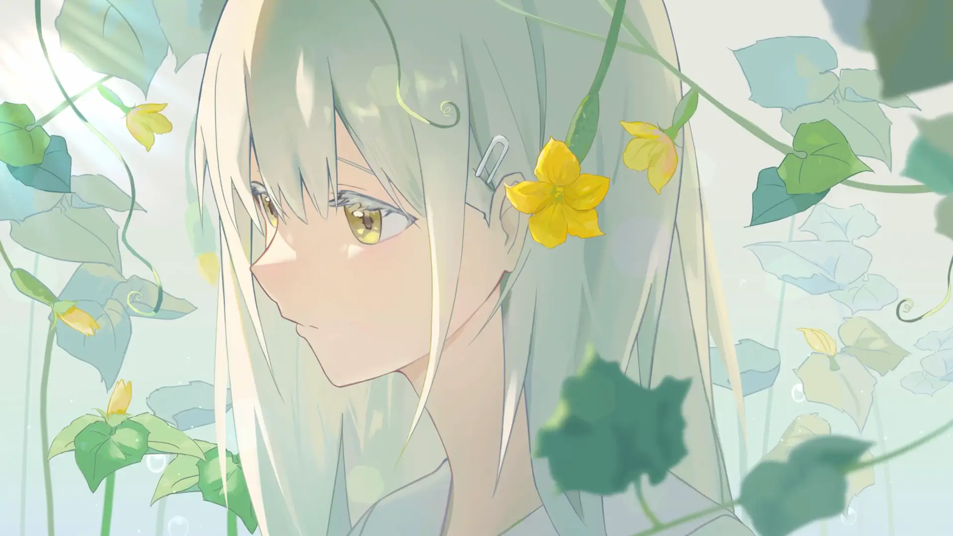 Wakaba Mutsumi from BanG Dream with long pale green hair, golden eyes, and a yellow flower hair accessory, surrounded by green vines and delicate flowers in a soft pastel anime aesthetic live wallpaper