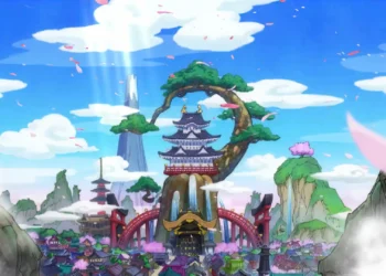 Wano Country One Piece Live Wallpaper 1 Wano Country from One Piece anime featuring a majestic Japanese castle atop a giant tree, cascading waterfalls, red arched bridges, colorful traditional village rooftops, pink cherry blossoms, green mountains, and a bright blue sky with floating clouds live wallpaper