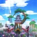 Wano Country One Piece Live Wallpaper 10 Wano Country from One Piece anime featuring a majestic Japanese castle atop a giant tree, cascading waterfalls, red arched bridges, colorful traditional village rooftops, pink cherry blossoms, green mountains, and a bright blue sky with floating clouds live wallpaper
