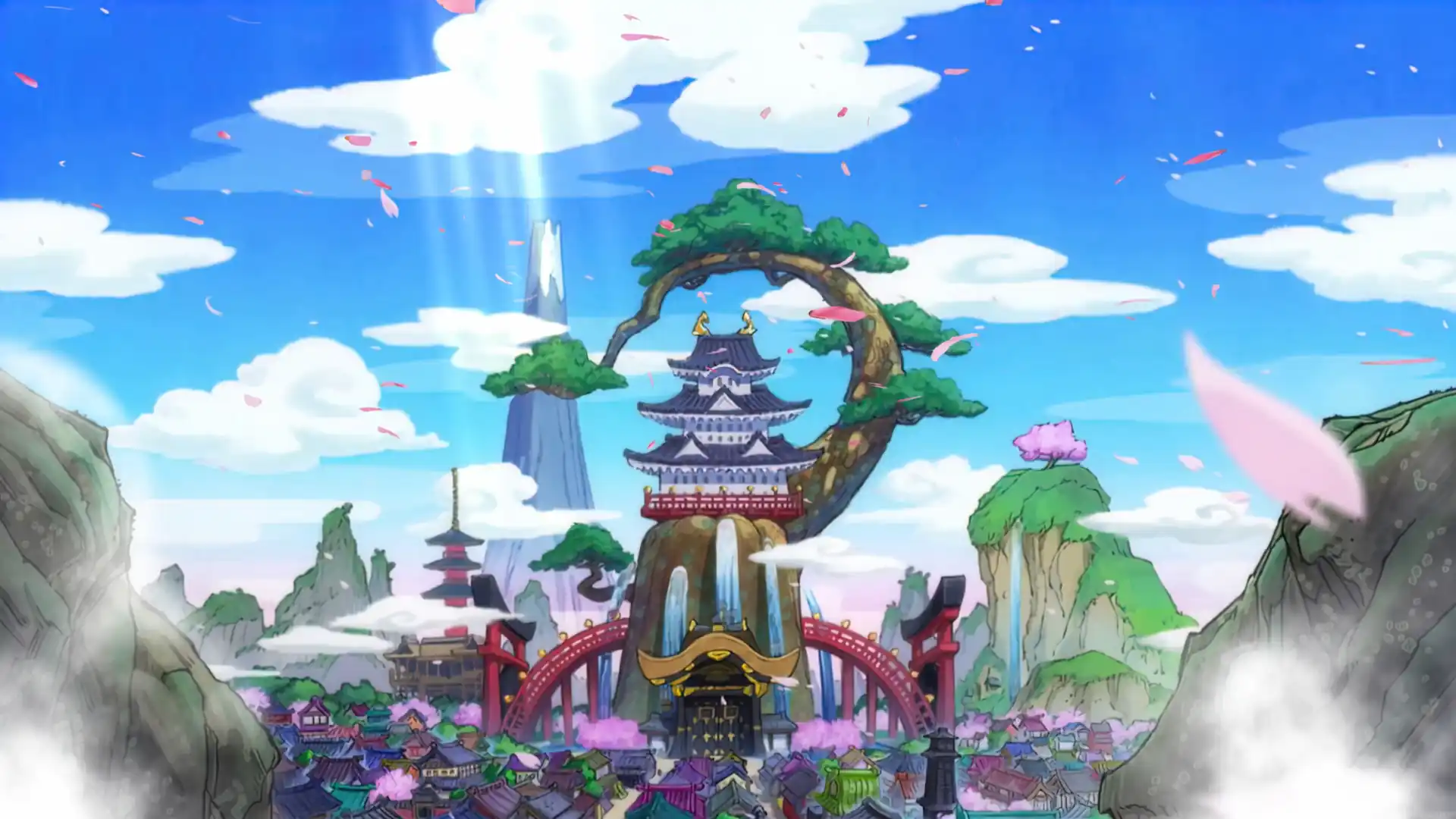 Wano Country from One Piece anime featuring a majestic Japanese castle atop a giant tree, cascading waterfalls, red arched bridges, colorful traditional village rooftops, pink cherry blossoms, green mountains, and a bright blue sky with floating clouds live wallpaper