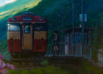 Your Name Kimi no Na wa Rainy Train Live Wallpaper 6 Your Name Kimi no Na wa anime-inspired rainy countryside train station featuring a vintage red and cream train, a young girl standing on the platform, lush green mountains, colorful flowers, and gentle rainfall in a peaceful anime live wallpaper.