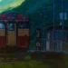 Your Name Kimi no Na wa Rainy Train Live Wallpaper 10 Your Name Kimi no Na wa anime-inspired rainy countryside train station featuring a vintage red and cream train, a young girl standing on the platform, lush green mountains, colorful flowers, and gentle rainfall in a peaceful anime live wallpaper.