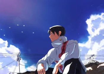 Yuta Okkotsu from Jujutsu Kaisen sitting in his white sorcerer uniform beneath a vibrant blue sky with fluffy clouds, flying birds, and Japanese rooftops live wallpaper