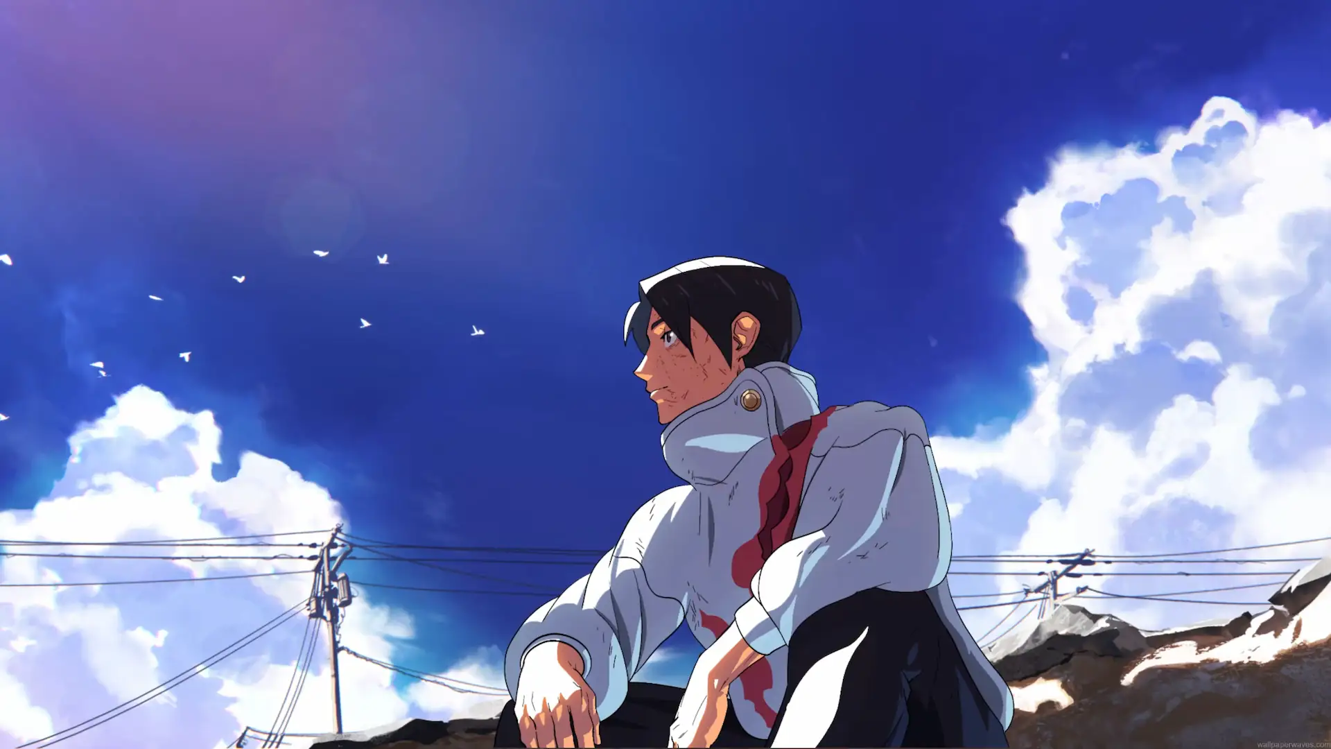 Yuta Okkotsu from Jujutsu Kaisen sitting in his white sorcerer uniform beneath a vibrant blue sky with fluffy clouds, flying birds, and Japanese rooftops live wallpaper